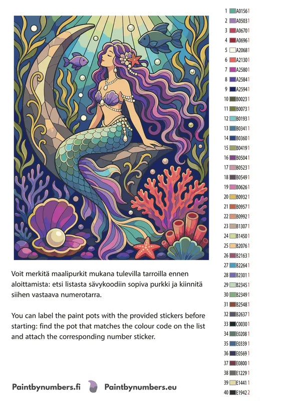 Paint color chart and instructions - Mermaid on Coral Reef 40x50cm