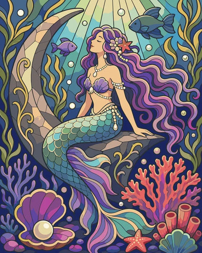 Mermaid on coral reef paint by numbers, colorful and detailed