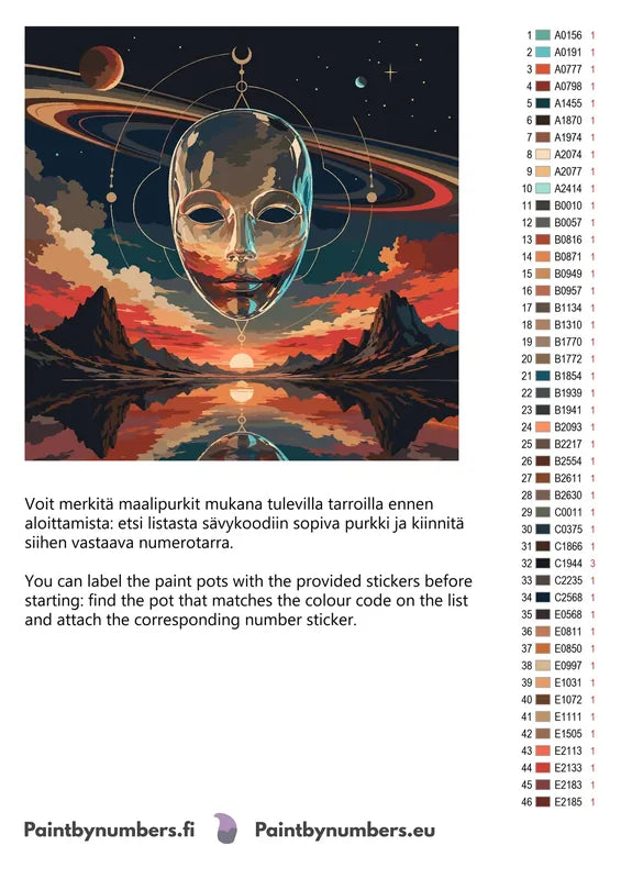 Color chart and instructions - Metallic Mask and Sunset Planets 50x50cm