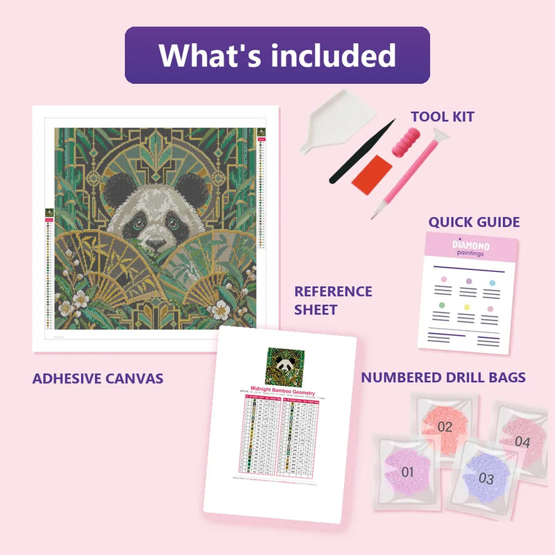 What is included in the Midnight Bamboo Geometry diamond painting kit - adhesive canvas, reference sheet, tools and numbered drill bags