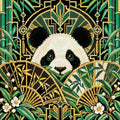 Miniatyrbild: En panda bland solfjädersformad bambu och geometriska art deco-mönster