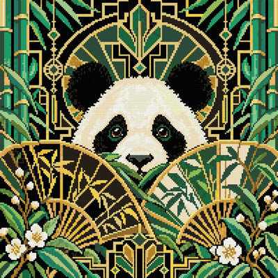 En panda bland solfjädersformad bambu och geometriska art deco-mönster