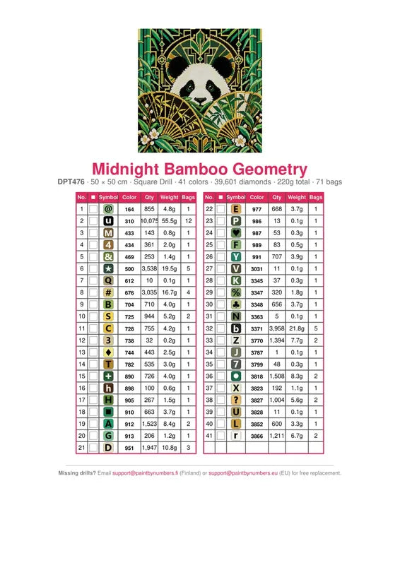 DMC color chart for Midnight Bamboo Geometry diamond painting - 41 colors