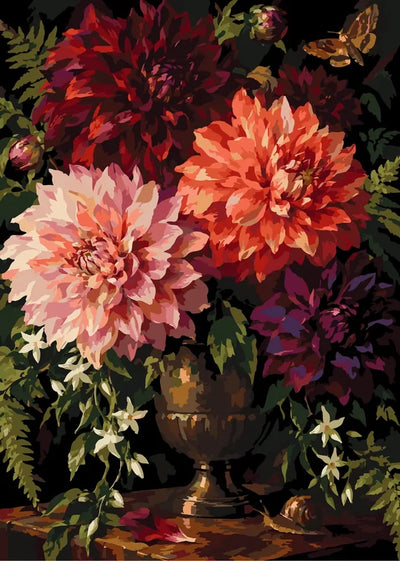 Dahlias in a brass vase paint by numbers. Large flowers, butterfly, and snail.