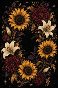 Thumbnail for Diamond painting of a flower arrangement with sunflowers, lilies, and chrysanthemums on a dark background.