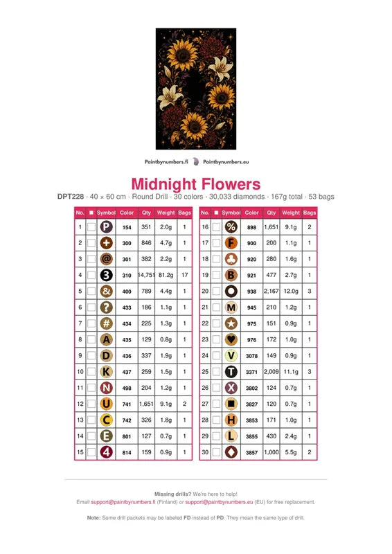 Midnight Flowers diamond painting color chart – 30 DMC colors