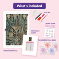 Thumbnail for What is included in the Midnight Martini Architecture diamond painting kit - adhesive canvas, reference sheet, tools and numbered drill bags