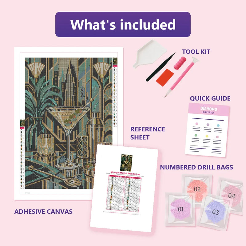 What is included in the Midnight Martini Architecture diamond painting kit - adhesive canvas, reference sheet, tools and numbered drill bags