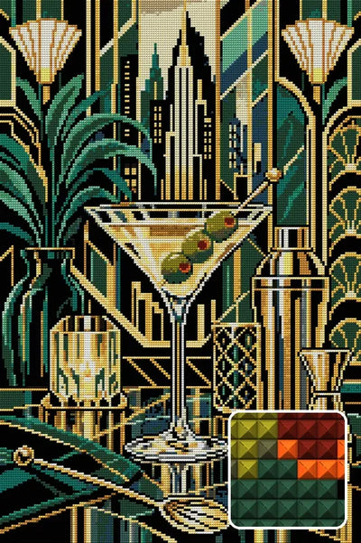 Midnight Martini Architecture, 40x60 cm diamond painting – finished design preview with a close-up of square drills