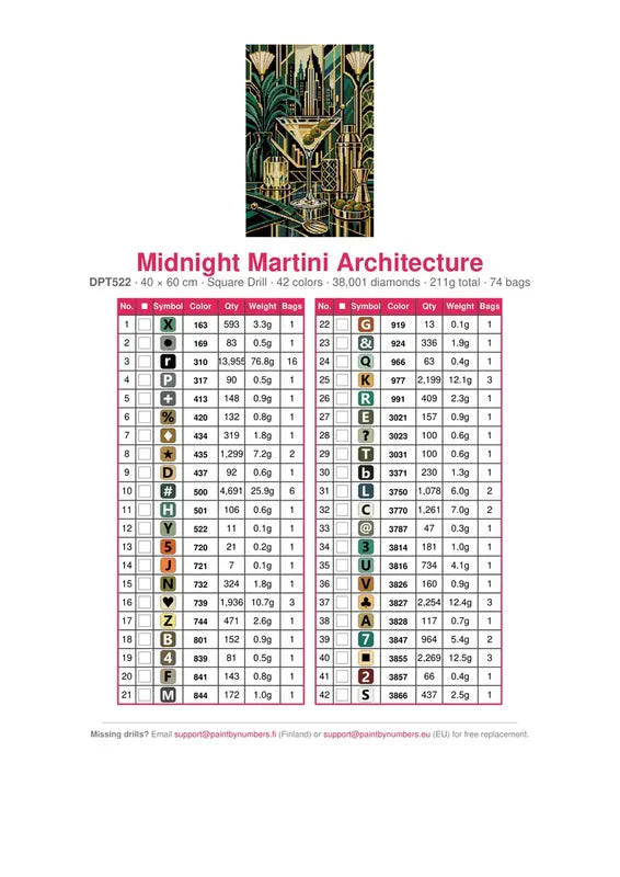 DMC color chart for Midnight Martini Architecture diamond painting - 42 colors