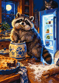 Thumbnail for Raccoon in a kitchen at night paint by numbers, with fridge and cat.