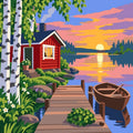 Thumbnail for Red cabin, dock, and boat at sunset paint by numbers.