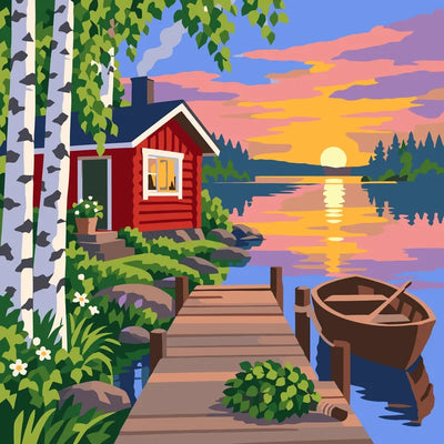 Red cabin, dock, and boat at sunset paint by numbers.