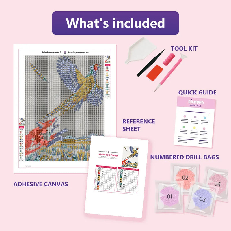 What is included in the Missed by a Feather diamond painting kit - adhesive canvas, reference sheet, tools and numbered drill bags