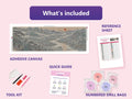 Thumbnail for What is included in the Misty Mountains Ink Panorama diamond painting kit - adhesive canvas, reference sheet, tools and numbered drill bags