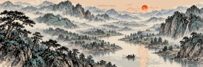 Misty Mountains Ink Panorama, 120x40 cm diamond painting – finished design preview