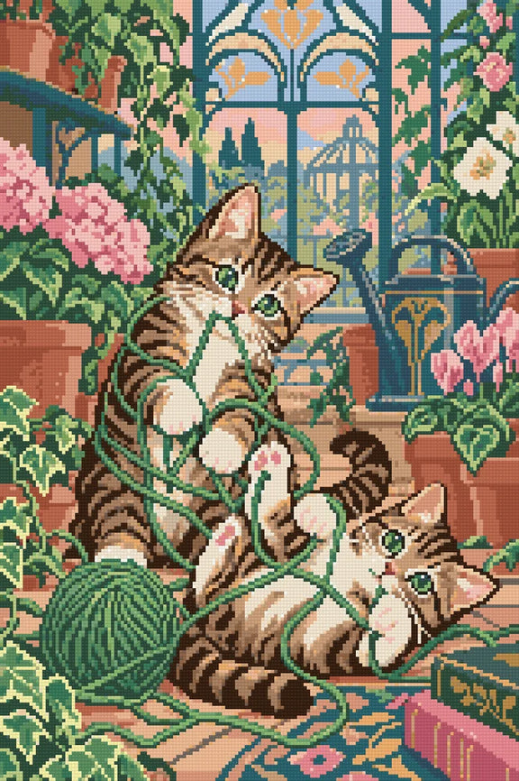 Randiga katter med grönt garnnystan bland växthusets krukväxter och rosa och vita blommor
