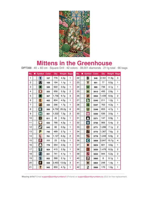 DMC color chart for Mittens in the Greenhouse diamond painting - 42 colors