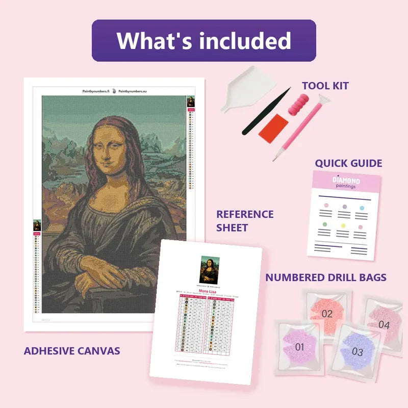 Mona Lisa 40x60cm diamond painting kit contents: adhesive canvas, color chart, tools and diamond bags