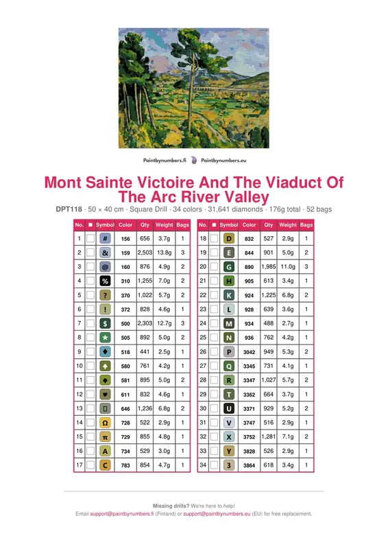 DMC color chart for Mont Sainte Victoire And The Viaduct Of The Arc River Valley diamond painting - 34 colors