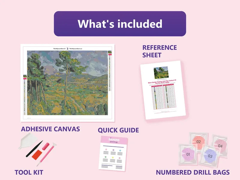 Mont Sainte Victoire And The Viaduct Of The Arc River Valley 50x40cm diamond painting kit contents: adhesive canvas, color chart, tools and diamond bags