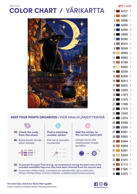 Paint color chart and instructions - Moon Witch Cat 40x60cm