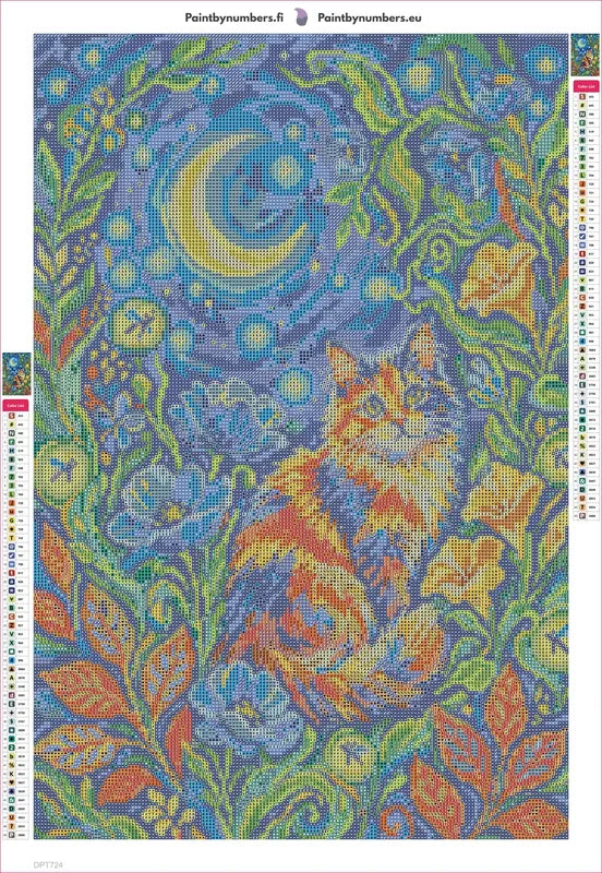 Diamond painting adhesive canvas preview - Moonlit Cat in Flower Garden