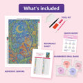 Thumbnail for What is included in the Moonlit Cat in Flower Garden diamond painting kit - adhesive canvas, reference sheet, tools and numbered drill bags
