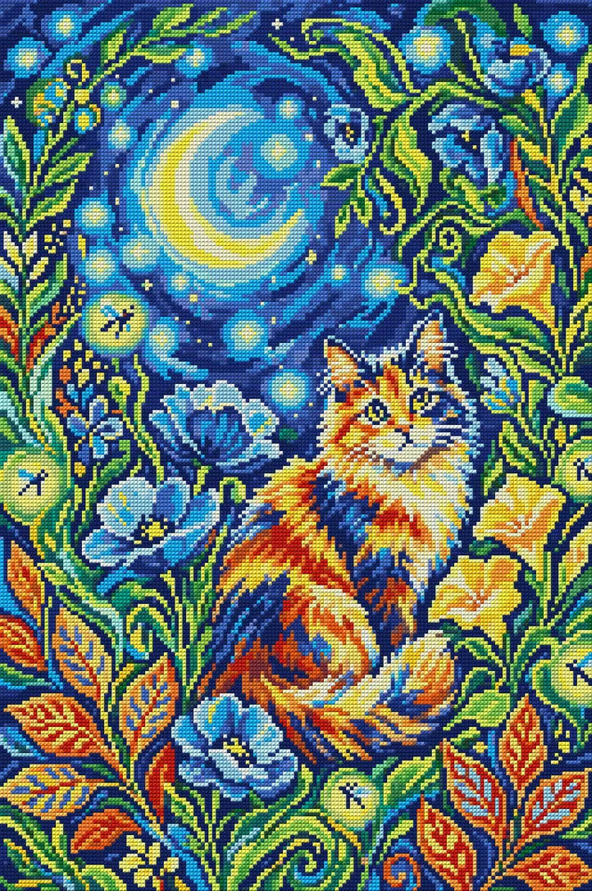 Moonlit Cat in Flower Garden, 40x60 cm diamond painting – full design preview without the close-up inset