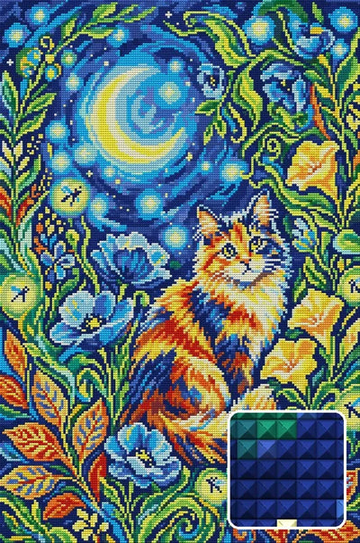 Moonlit Cat in Flower Garden, 40x60 cm diamond painting – finished design preview with a close-up of square drills