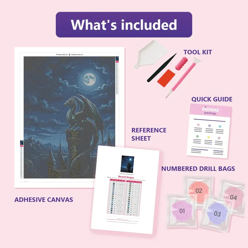 Moonlit Dragon 60x80cm diamond painting kit contents: adhesive canvas, color chart, tools and diamond bags