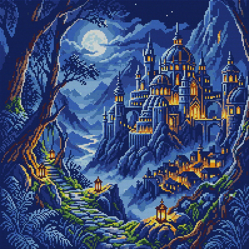 Moonlit Fantasy Castle Path, 50x50 cm diamond painting – full design preview without the close-up inset