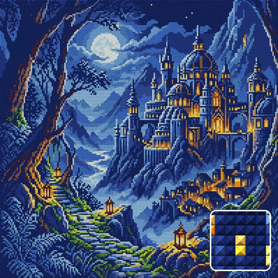 Moonlit Fantasy Castle Path, 50x50 cm diamond painting – finished design preview with a close-up of square drills