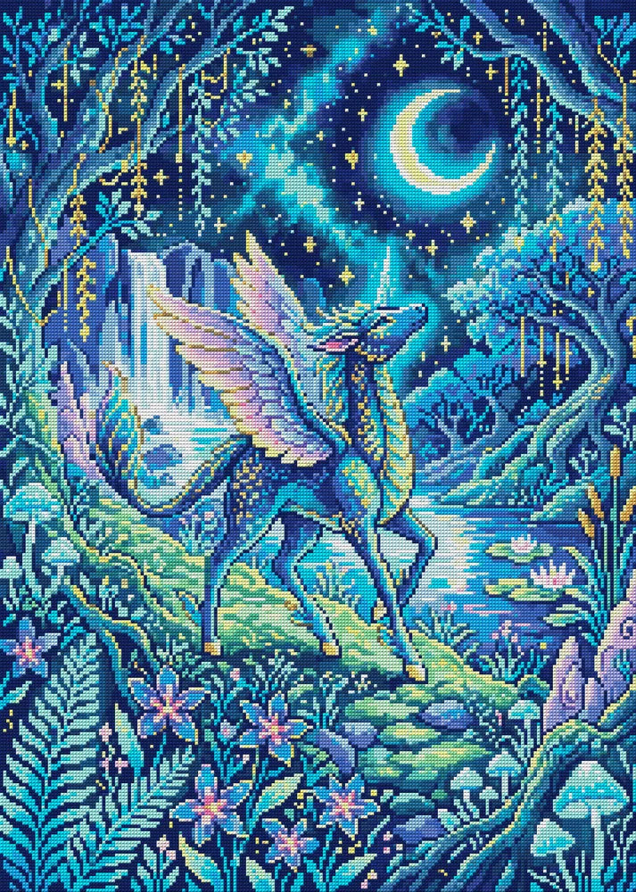 Moonlit Fantasy Unicorn Forest, 50x70 cm diamond painting – full design preview without the close-up inset