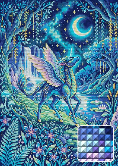 Moonlit Fantasy Unicorn Forest, 50x70 cm diamond painting – finished design preview with a close-up of square drills