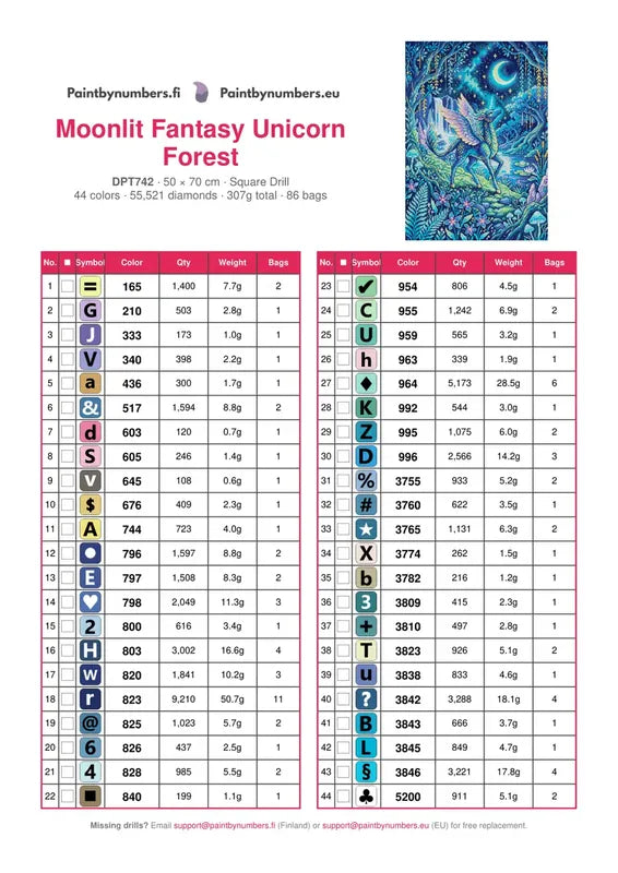 DMC color chart for Moonlit Fantasy Unicorn Forest diamond painting - 44 colors