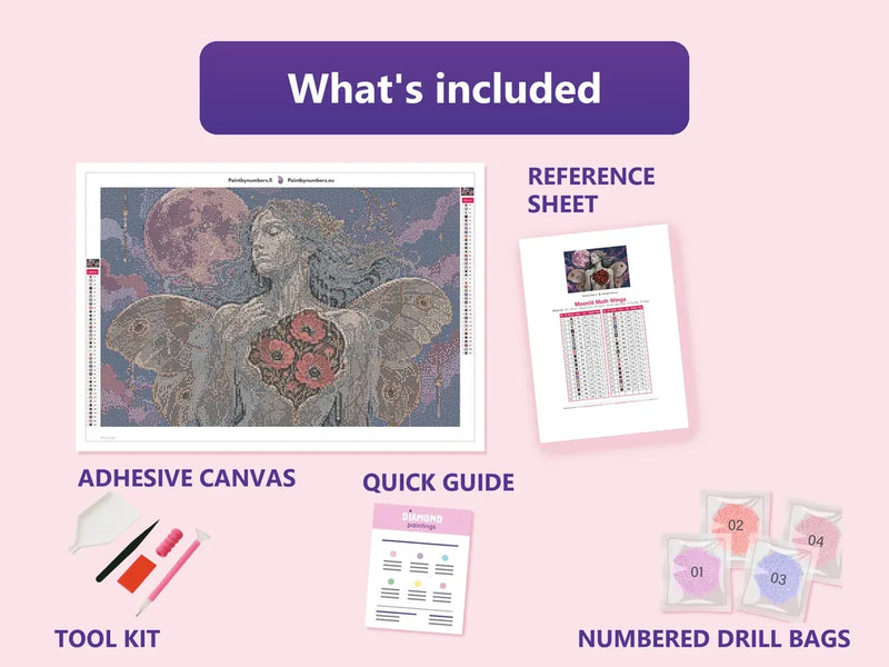 Moonlit Moth Wings 60x40cm diamond painting kit contents: adhesive canvas, color chart, tools, and diamond bags