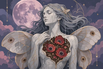 Diamond painting of a fairy-like figure with red flowers on her chest and a full moon in the background.