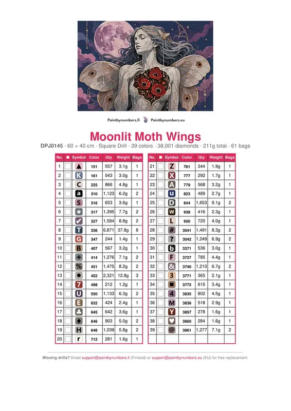 Moonlit Moth Wings diamond painting color chart – 39 DMC colors