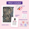Thumbnail for Moonlit Portrait 40x60cm diamond painting kit contents: adhesive canvas, color chart, tools, and diamond bags