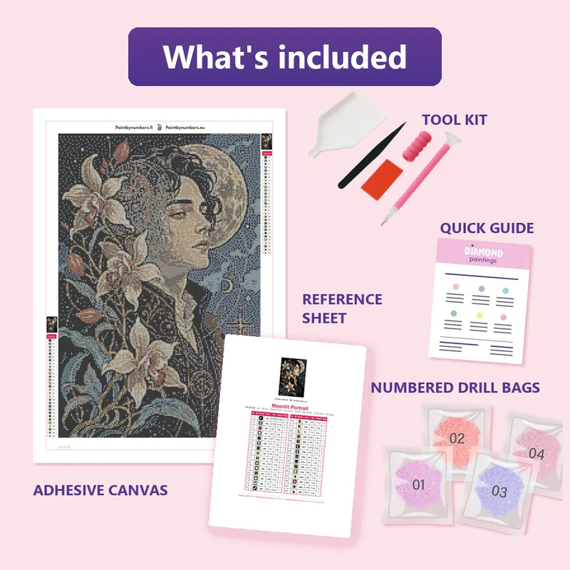 Moonlit Portrait 40x60cm diamond painting kit contents: adhesive canvas, color chart, tools, and diamond bags