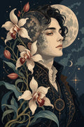 Thumbnail for Diamond painting of a portrait of a young man, a full moon, and orchids against a dark starry background.
