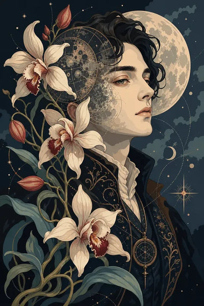Diamond painting of a portrait of a young man, a full moon, and orchids against a dark starry background.