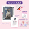 Thumbnail for Moonlit Siamese Cat 30x40cm diamond painting kit contents: adhesive canvas, color chart, tools and diamond bags