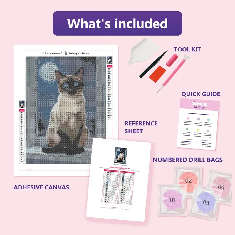 Moonlit Siamese Cat 30x40cm diamond painting kit contents: adhesive canvas, color chart, tools and diamond bags