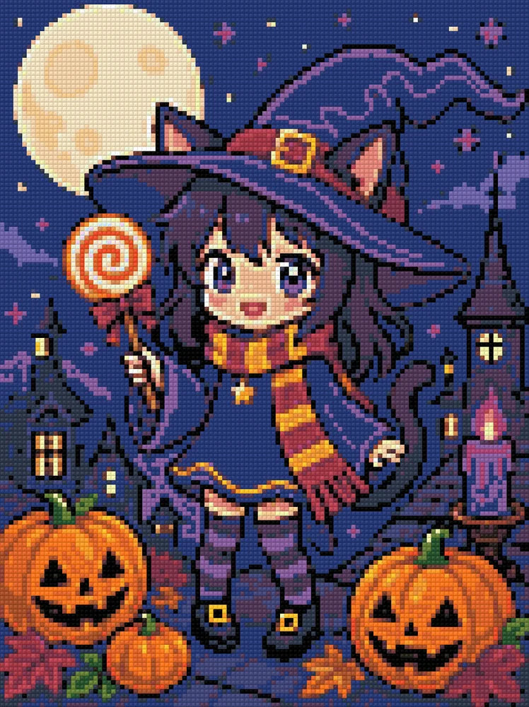 Diamond painting pattern chart - Moonlit Witch Kitten