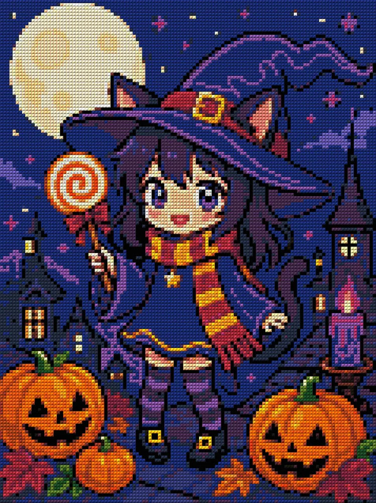 Diamond painting pattern chart - Moonlit Witch Kitten