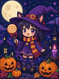 Thumbnail for Diamond Painting of cute witch girl on Halloween night with pumpkins and full moon.