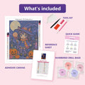 Thumbnail for Moonlit Witch Kitten 30x40cm diamond painting kit contents: adhesive canvas, color chart, tools and diamond bags