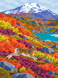 Thumbnail for Paint by numbers of a mountain hare leaping across autumn-coloured fell slopes below a snowy mountain and a turquoise lake.